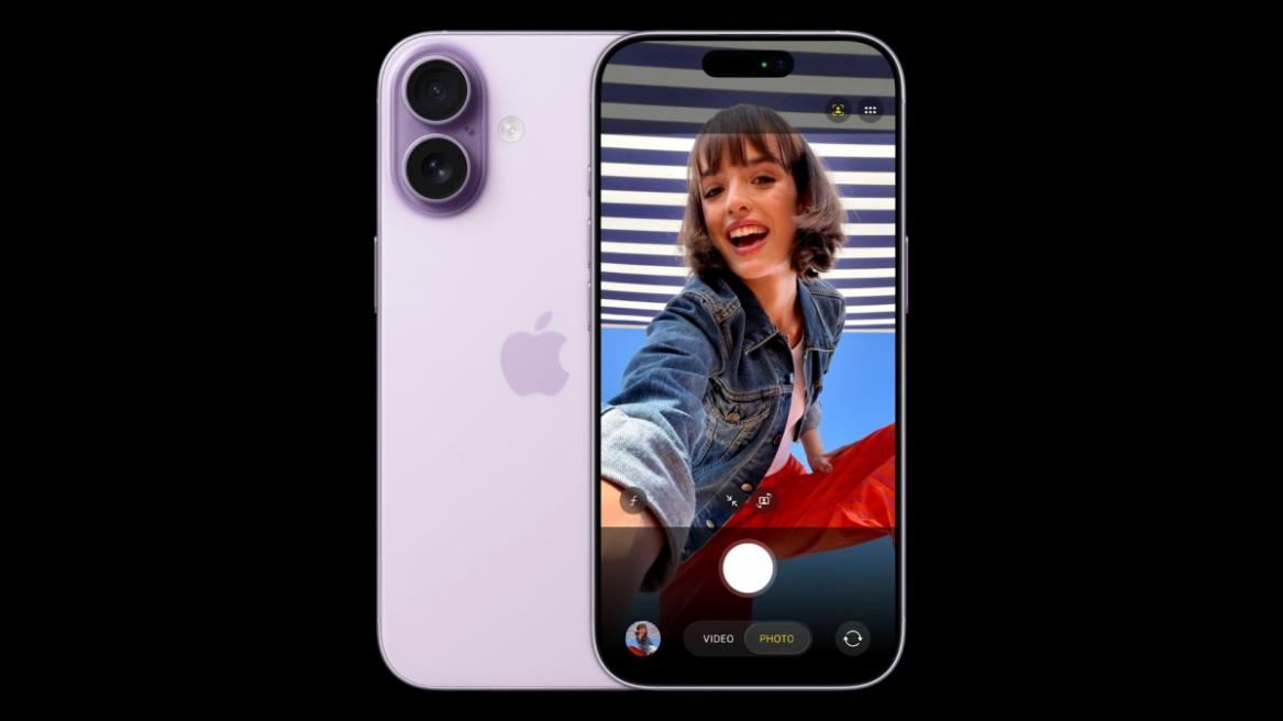 Showing the iPhone 17 from front and back with a preview of a someones selfie
